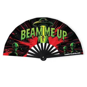 CONFETTI CARTEL BEAM ME UP FAN RAVE HAND FAN UNISEX DECOR GIFT PARTY DISCO DANCE PRIDE FESTIVAL ACCESSORY FANS 13" X 25" NYLON PRINTED WITH TEXTURED PLASTIC HANDLE