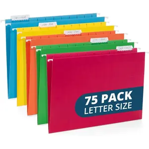 75 Pack Colored Hanging File Folders Letter Size No Expansion, Colored Hanging File Folders Bulk, Assorted Colors, Designed for Bulky Files, Medical Charts, 1/5 Tabs