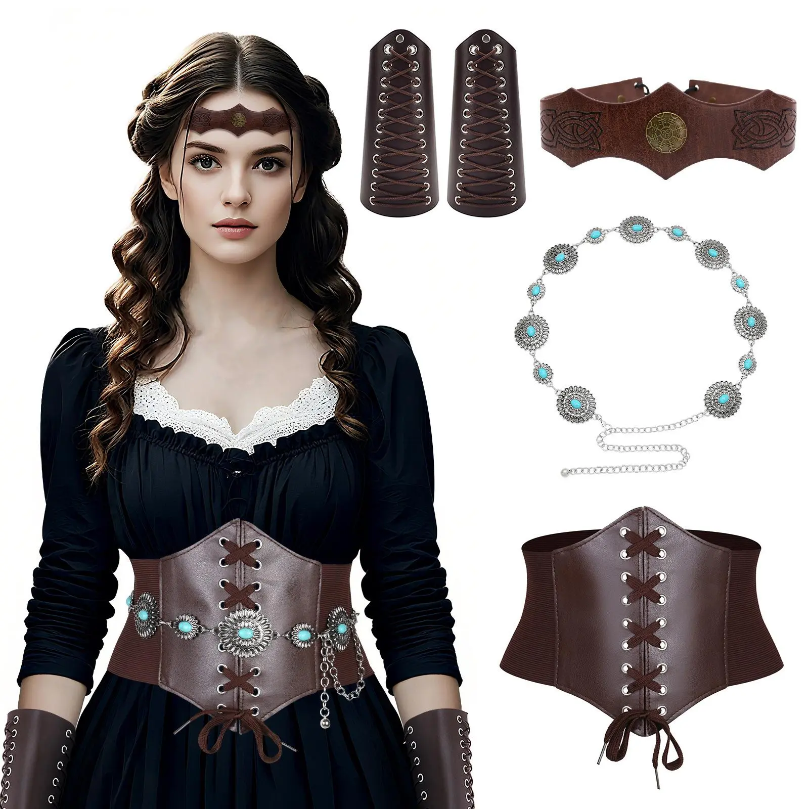 Effortless Women Medieval Viking Renaissance Costume Accessories Set Brown Elastic Corset Belt Turquoise Metal Chain Belt Runic Wide Waist Cinch Leather Arm Bracers Forehead Band Pirate Warrior LARP Cosplay Halloween Accessories