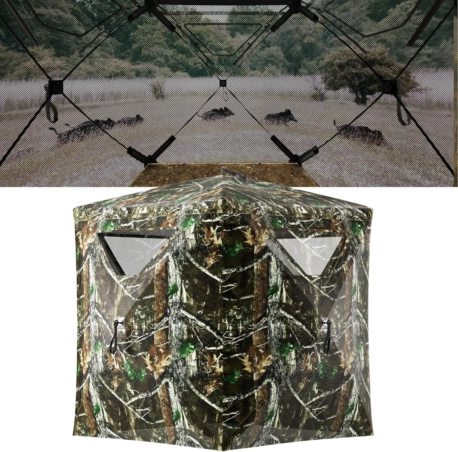 Pop Up Ground Hunting Blind for 2 Adults, Portable 360° Full See-Through Tent with Lightweight Woods Camouflage Structure for Outdoor Hunters, Turkey Hunting, 2-Person, Thick Fabric, Portable Setup, Grasslands, Observation, Portable Tent