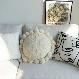 2-piece set: Knitted round cushion covers, decorated with tassels and pom-poms, for sofa decoration, children's room cushions, home soft furnishings and accessories