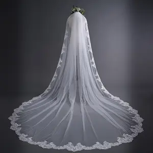 Long Cathedral Bridal Veil with Embroidered Lace Trim - Elegant Wedding Tulle for Classic Brides - TikTok Favorite Look