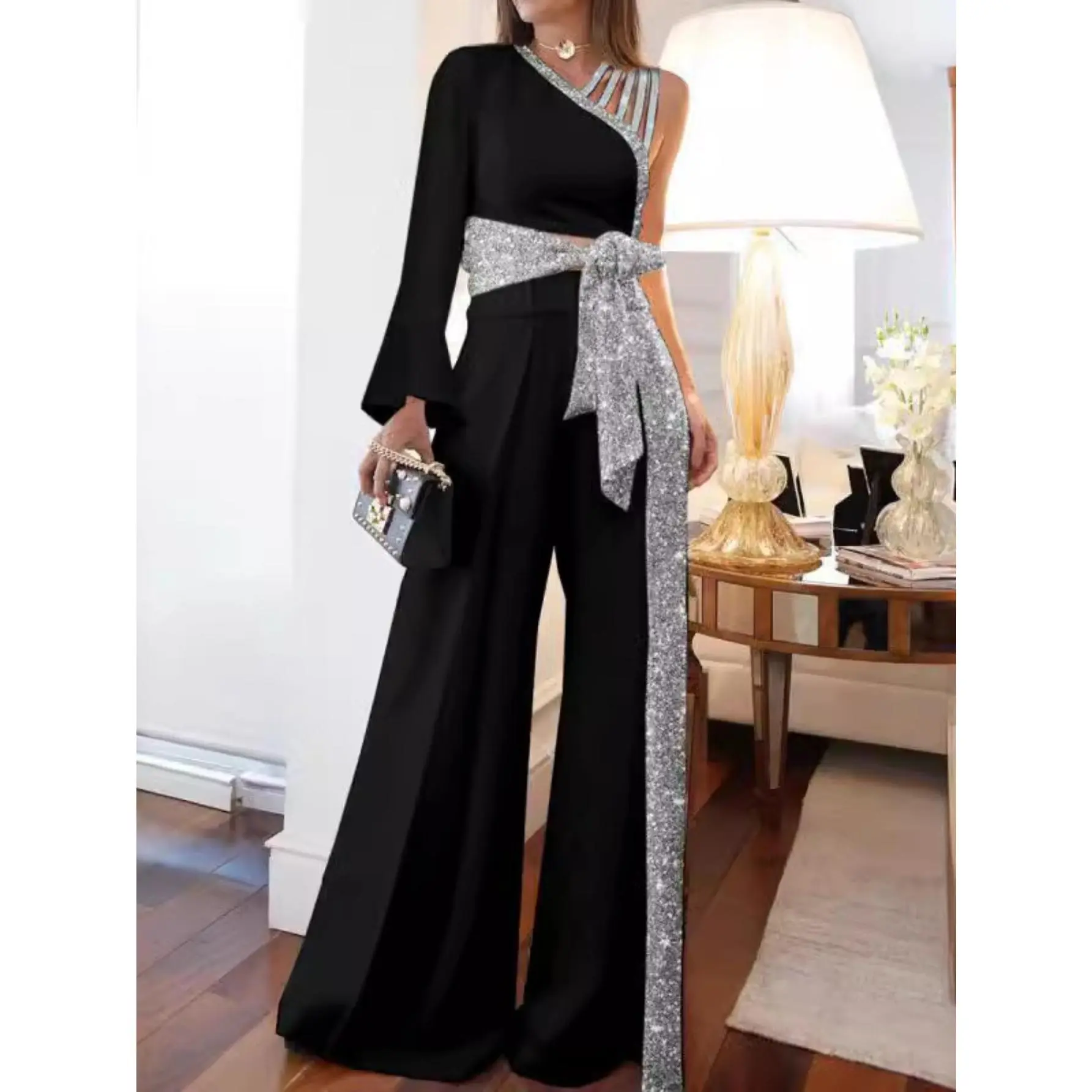 Women's Elegant Ombre Jumpsuit with Long Sleeves, Off-the-Shoulder High-Waist Wide-Leg Fit and Asymmetrical Hem, Basic, Longsleeves, Polyester, Weekend, Off Shoulder, Solid, Other, Regular, Clothes, Casual, Lapel
