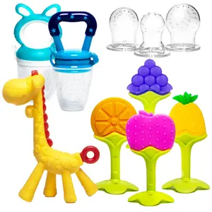 Teething Toys for Babies 0-6 Months 6-12 Months 6 Pack- 4 Teethers for Babies Baby 2 Fruit Feeders for Newborn Infants BPA Free Natural Organic Freezer Silicone Baby Teethers Set
