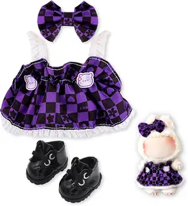 Labubu 17cm Clothes for Dress Up Purple Checkered Dress with Black Bow & Shoes Unique Style Accessories for 17cm Dolls