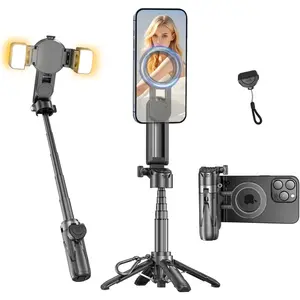 Mini Phone Selfie Stick, Mag-Safe 4 in 1 Small Portable Pocket Tripod for /Android, with Removable Phone Clip, Remote & 2 Fill Light for Photograph/Live Streaming/Video Recording