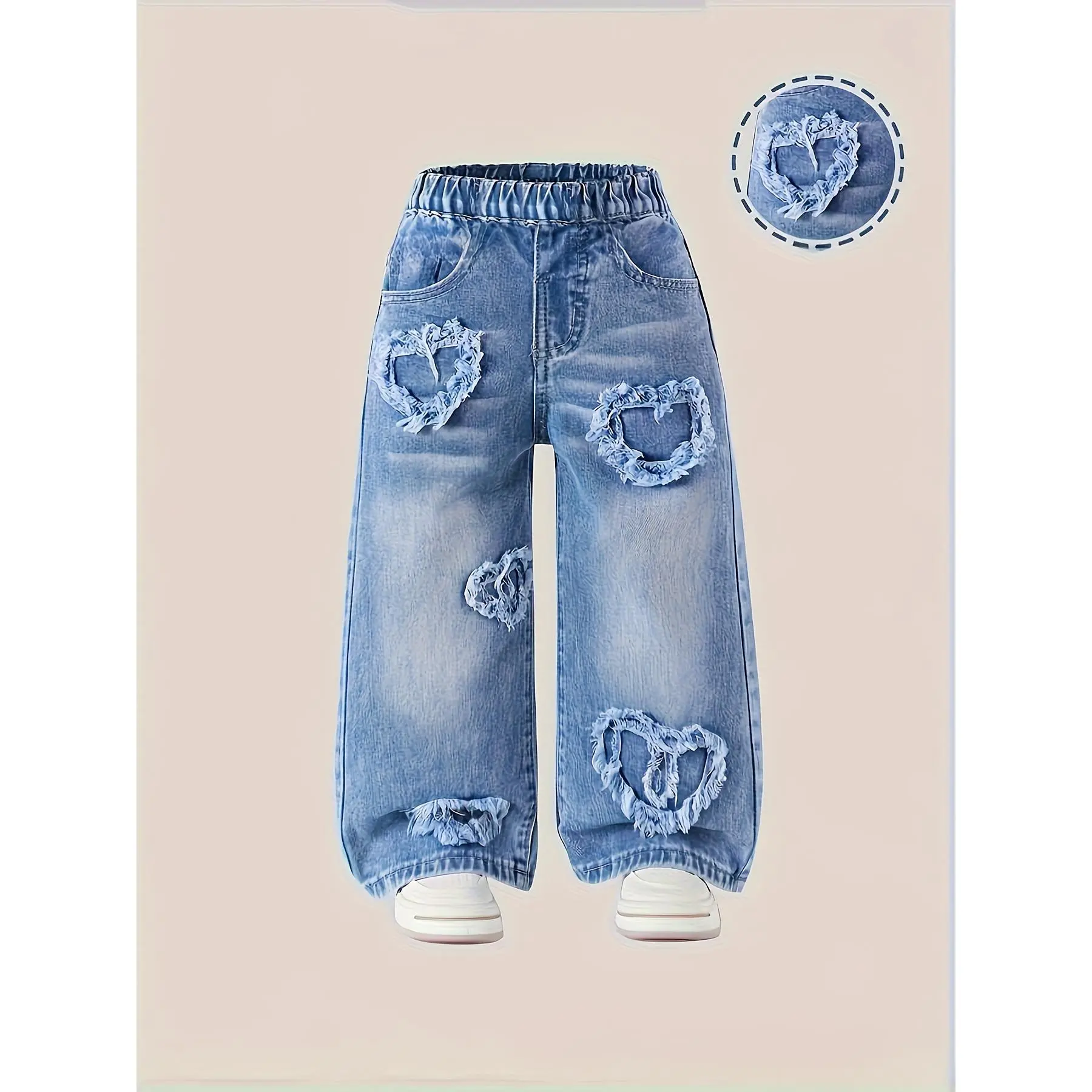 Girls' Elastic Waistband Corduroy Loose Legged Pants - 3-4y, Light Stone Wash, Heart & Butterfly Embroidery, Heart Patches, Flat Pockets, Polyester Casual Wear Kids' Fashion Bottoms