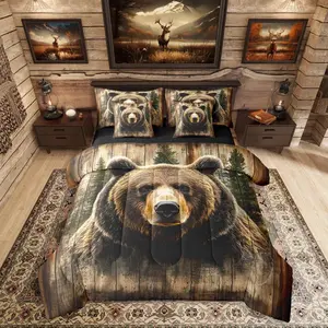 Bear 7 Piece Bedding Set,Hunting Theme Bed in a Bag,Rustic Cabin Lodge Bed Set