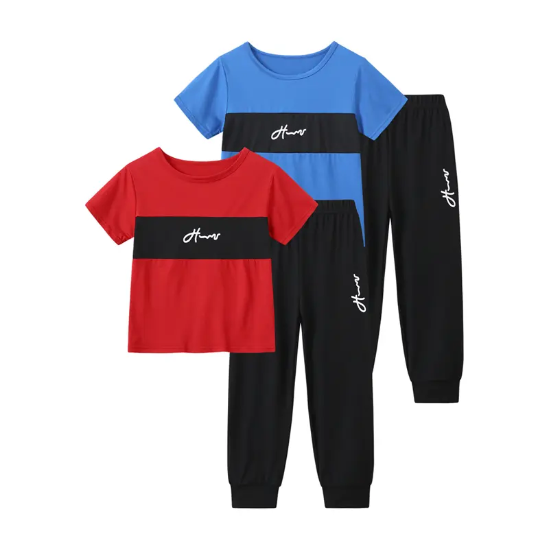 #SummerVibes 4-piece boy summer fashion and leisure trend suit 3-14 years old printed short-sleeved T-shirt+flanging pants children's suit children's sports and leisure wear Athletic Tracksuit Sporty Style