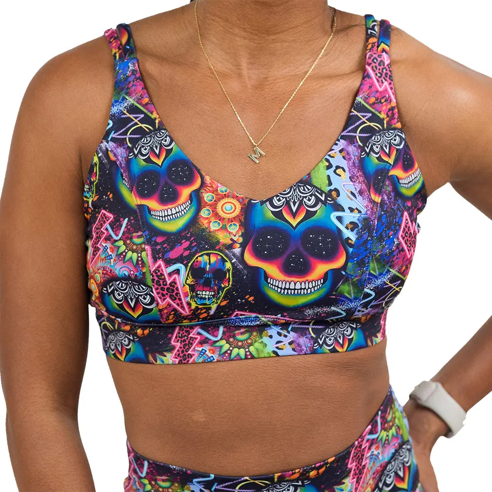 Women's Shockwave Sport Bra, V-Neck Psychedelic Skull Top for Workout & Fitness with Medium Impact Support & Removable Padding, Sport Bras, Workout Bra