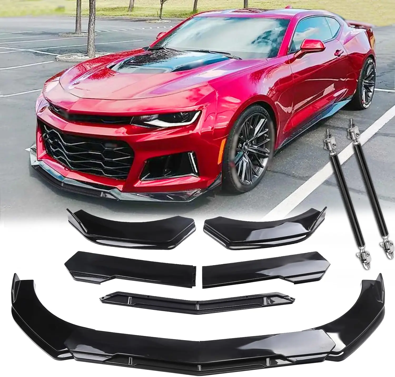 5PCS Front Bumper Lip Chin Spoiler Splitter Glossy Black w/Black Tongue Diffuser Protector Air Dam Body Kit With 2PCS Strut Rods