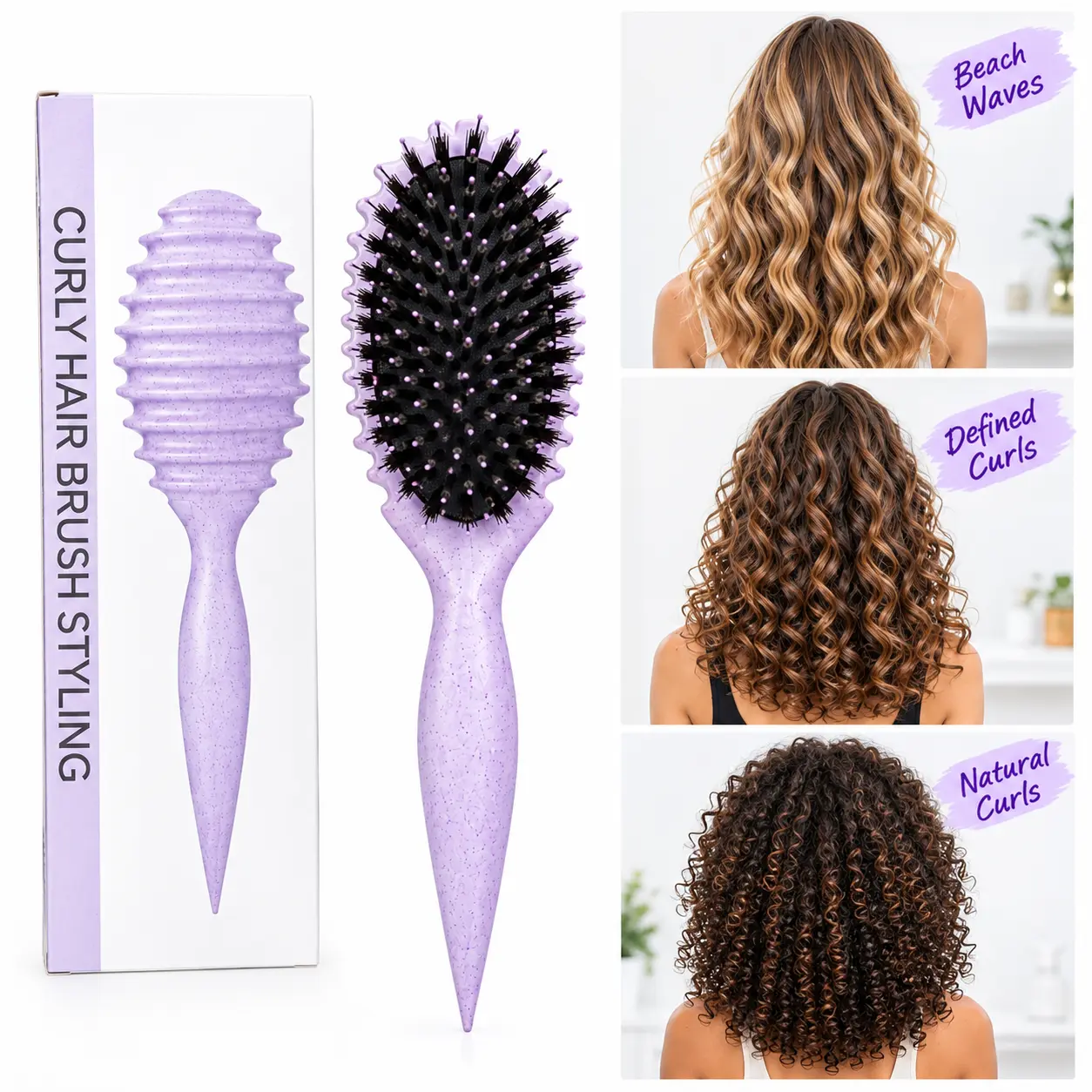 【2026 Upgraded】 Hair Styling Brush for Curly Hair - Anti-Snagging, Minimal Pulling, Wet/Dry Use, Ergonomic Travel Brush for Natural Curls, Bouncy Curls