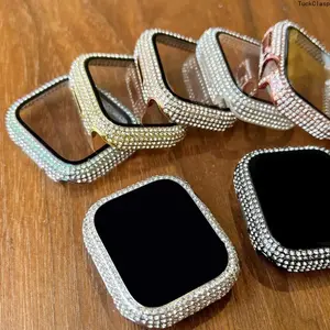 2-in-1 Ultra-Thin Tempered Glass Apple Protective Case for iWatch with Screen Protector, Rhinestone Decor Smartwatch Cover Compatible with Series SE/9/8/7/6/5/4/3/2/1, Stylish Protective Accessory for Everyday Wear