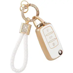 Key Fob Cover for Volkswagen VW 3 Button White Gold TPU Soft Car Keys Shell Case Glitter Keychain Protector for VW Beetle Golf Passat GTI Jetta Tiguan Girly Women Cute