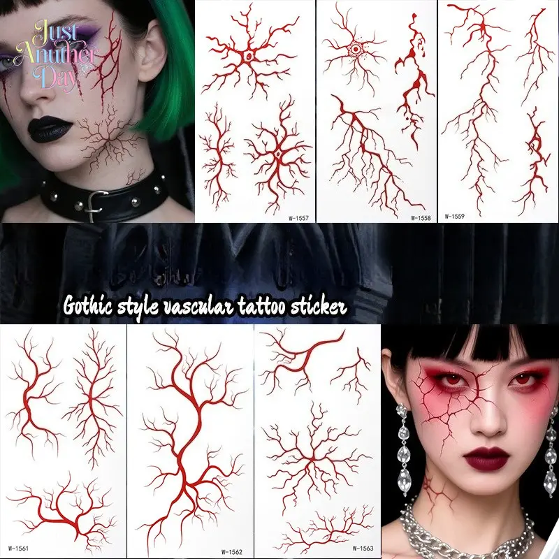 6PCS Halloween Red Vein Tattoo Stickers, Waterproof Gothic Style Temporary Face Decals, Realistic Vascular Makeup Stickers for Halloween, Cosplay & Parties