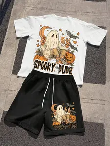 Spooky Halloween Skeleton Print Short Sleeve Outfit with Shorts