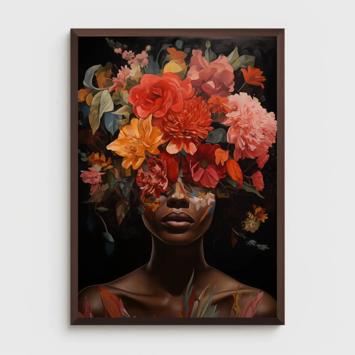 Black Woman Flowers Art, African Portrait, Floral Wall Art, Black Art Print, Unframed, 5 size, 8x12 to 27x40 inch