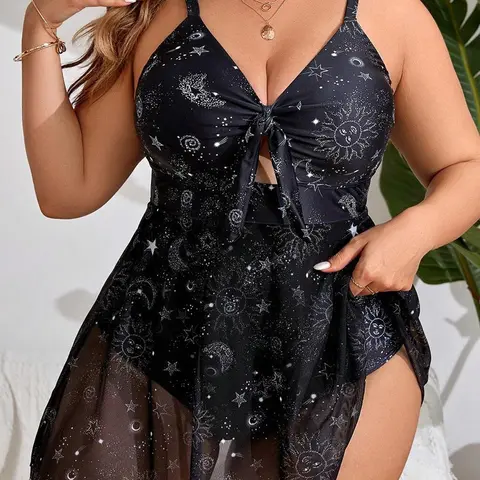 Plus Size All Over Print One-piece Swimsuit, Skirted Bathing Suit, Comfy Sleeveless Tie Front Swimwear for Beach Holiday Vacation, Women's Swimsuit for All Seasons, V Neck Swimdress, Swimdress Bathing Suits, Swimdress Swimsuits