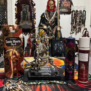 Santa Muerte Statue 5-Item Package Deal – Includes Rosary, Bracelet, Candle, and Incense – Holiday Gift for Collectibles Enthusiasts