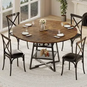 Dining Room Round Table Set for 4-6, Rustic Brown Circle Kitchen Dining Table with Metal Base, 47 Inch Wooden Round DiningTable, Wood Kitchen Tables with Storage Shelf