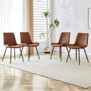 Donext Modern Medieval Style Brown Cushioned Chairs Set of 4 with Suede Backrests & Black Metal Legs for Kitchens Lounges and Farmhouses Fixed Back Comfortable Wider Cushions