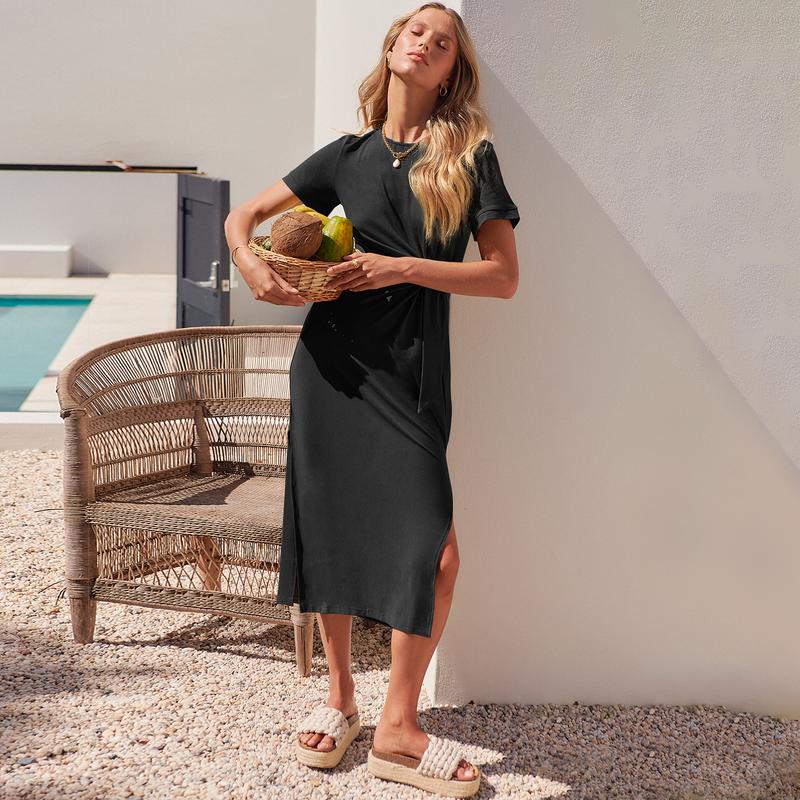 ANRABESS Women’s Summer Short Sleeve Crewneck T Shirt Maxi Dress Tie Waist Casual Slim Fit Slit Beach Dresses Vacation Outdoor Soft Long Dress