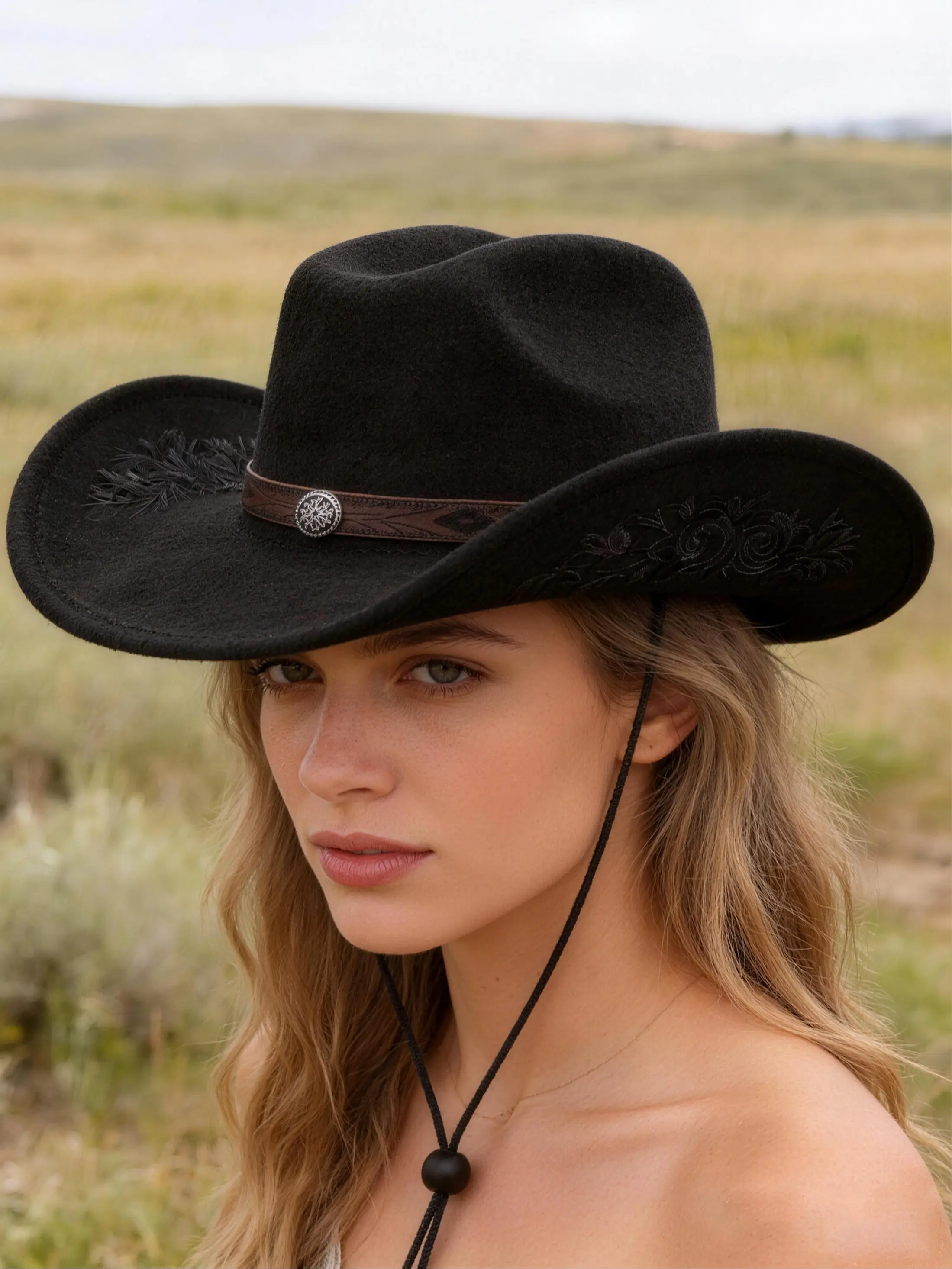 Vintage Wide Brim Western Cowgirl Hat with Belt for Party Black Modern Western Cowgirl Hat with Medallion Hatband  main image 3