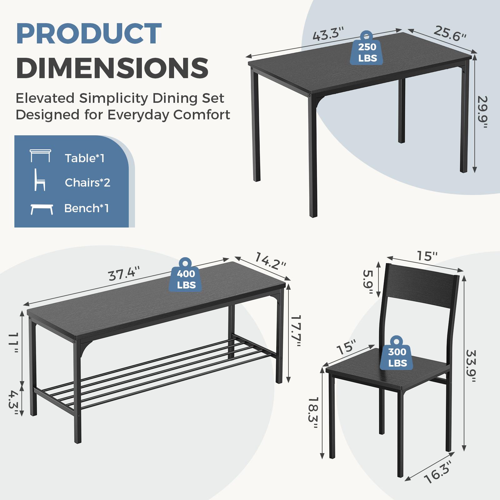 4-Piece Industrial Dining Table Set, Kitchen Table, Space Saving Dinette for Kitchen, Dining Room, Small Space, Breakfast Nook, Living Room, Party Extendable Kitchen Table with Benches Chairs, Modern Breakfast Dinette Dining Room Set for 4/6/2