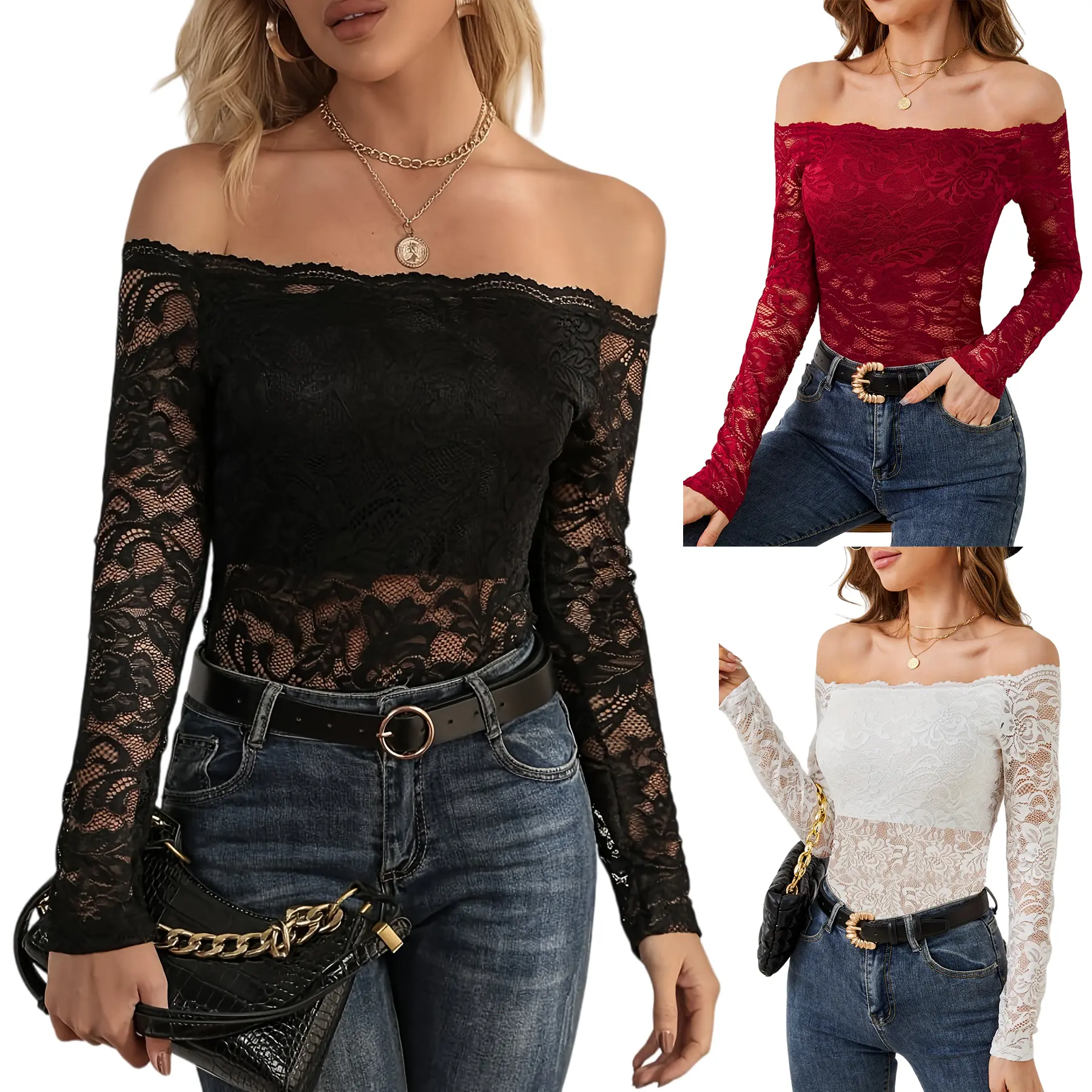 FEITAI Women Lace T-Shirts Long Sleeve See-Through Shirt Off Shoulder Casual Tops for Streetwear