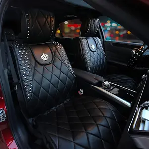 Universal Fit Car Seat Covers Set, Automotive Seat Covers, Vintage Metal Rivets Sparkling Rhinestone Queen Crown Decorative Luxury Auto Interior Accessories