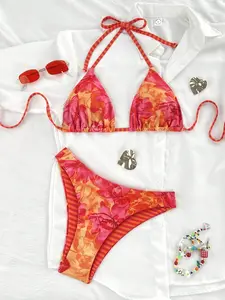 Orange Floral Stripe Reversible Bikini Set - Halter Triangle Top & Cheeky High-Cut Bottoms Women Cute Bottoms Y2K Tropical Preppy Swimwear
