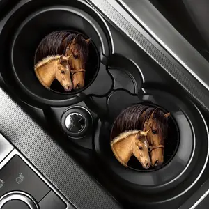 2D Flat 2pcs Car Coasters, Big Horse and Pony 2.75-inch Car Non-slip Drink Cup Mat, to Keep Your Car Cup Holders Clean and Dry Coaster, Car Interior Accessories, Festive Gifts., 2D Flat