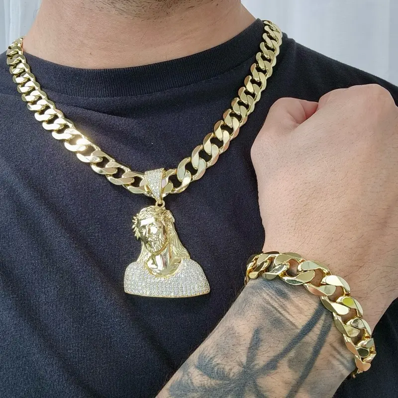 ViOrO 14K Gold Plated 12mm Cuban Link Chain with Bracelet and Zircon  Jesus Christ Pendant for Dairy Use. Electro Laminated Premium Jewelry
