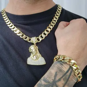 ViOrO 14K Gold Plated 12mm Cuban Link Chain with Zircon  Jesus Christ Pendant for Dairy Use. Electro Laminated Premium Jewelry