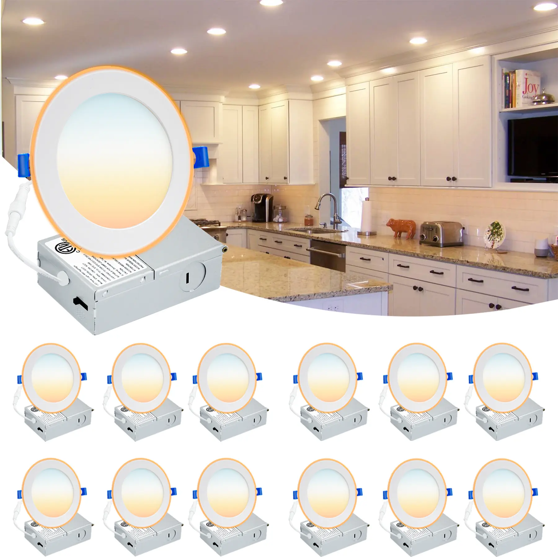 CLEARANCE 12-Pack 4in 9W Ultra-Thin Dimmable Multicolor IC-Rated Slim Downlights, 5 CCT, Non-Plugged Recessed Ceiling Lights with Junction Box, Damp-Rated Home Decor Lighting for Indoor Use