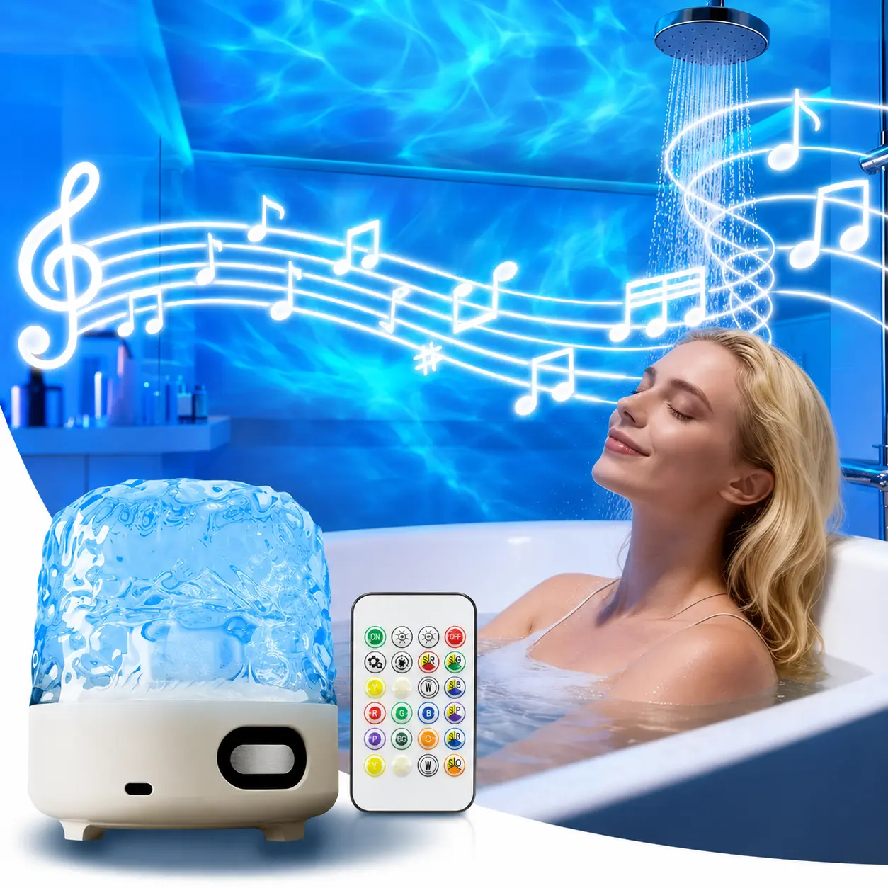 Rechargeable Shower Light with Speaker, 16 Color Ocean Wave Projector Lamp, Dimmable Waterproof Water Ripple Light with Remote & Touch Control, Rotating Flame Effect Night Light for Shower, Bathroom, Bedroom & Spa Decor