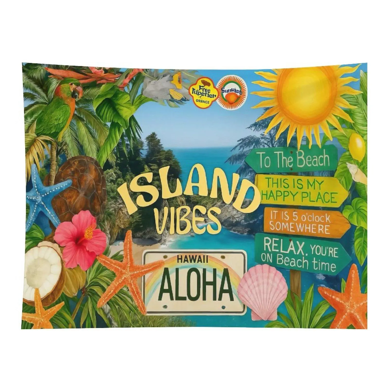 Aloha Island Tropical Beach Vibes Hawaii Summer Palm Tree Parrot Hibiscus Turtle Starfish Signage Bright Vacation Coastal Wall Tapestry For Beach House Kids Room Decor