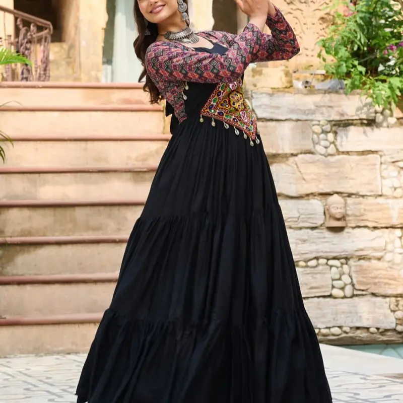 Women's Black Navratri Chaniya Choking Traditional Dress with Colorful Embroidered Belt anarkali gown