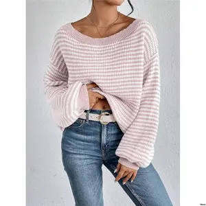 LongSleeveTops Winter / Autumn tiktokLUNEWomenCasualContrastColorStripeBellSleeveKnitSweater