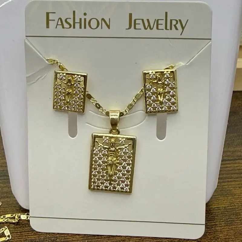 Jesús Earrings & Necklace Set Gold Laminated Fashion Jewelry with Crystalline Design