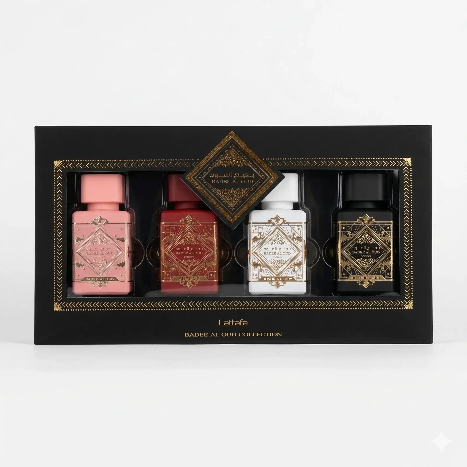 Lattafa Bad'e Al Oud 4 Piece Gift Set 25ml Collection Oud For Glory Honor & Glory Sublime Noble Blush Eau de Parfum Perfume Cologne Fragrance Set