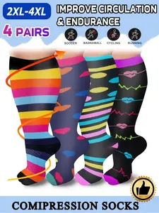 Unisex Plus Size Compression Socks Sports Socks 4-Pair Pack Compression Level: 20-30 mmHg Knee-High Design Ideal for Running, Athletic Performance & Recovery 4-Pair Set Promotes Blood Circulation Sporty Style