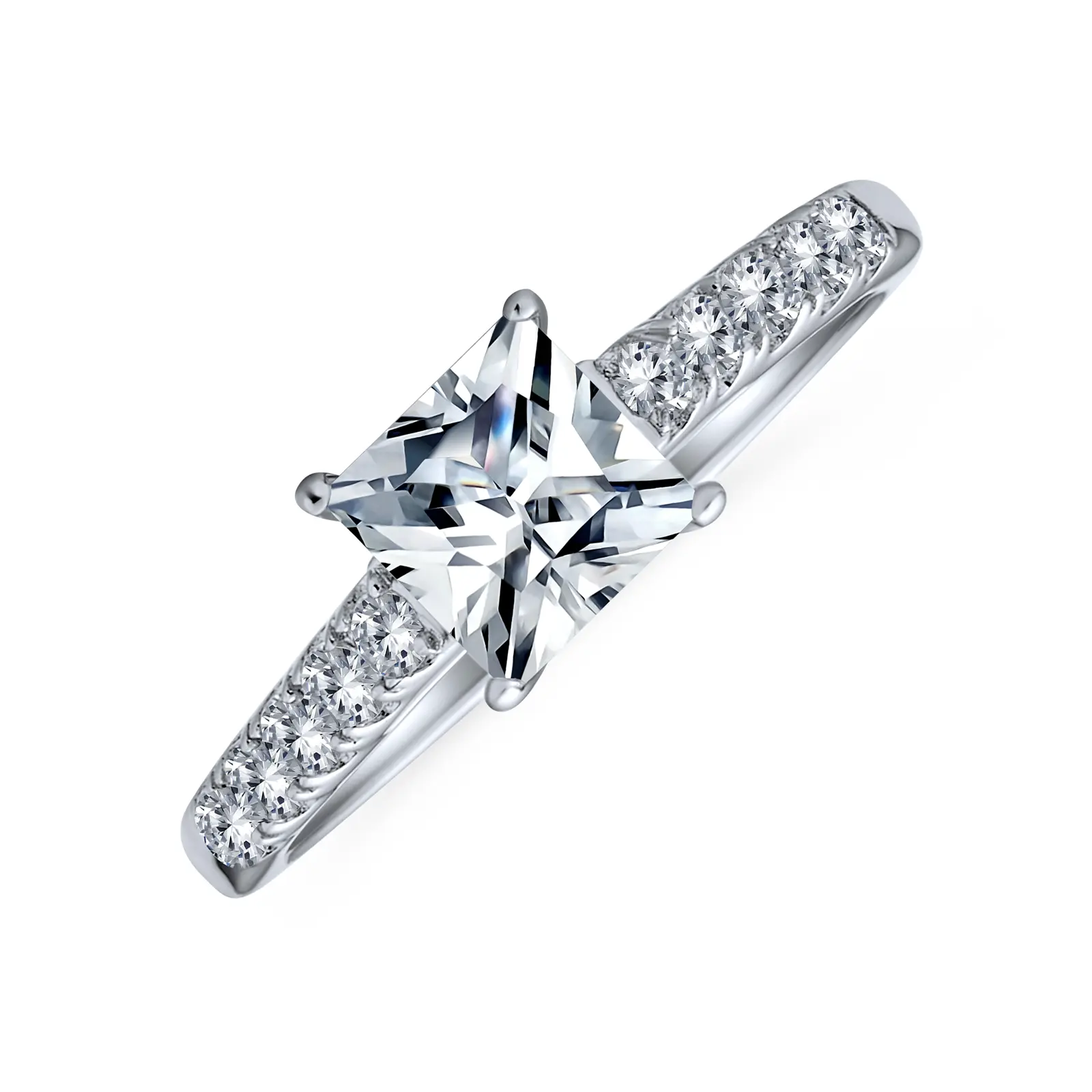 1.5CT CZ Princess Cut Solitaire Engagement Ring Sterling Silver Pave Band