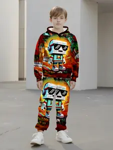 Pixel Style Cool Robot 3D Printed Hoodie Long Pants Kids Set, Casual Slim-Fitting Spring & Fall, No Zipper, No Collar