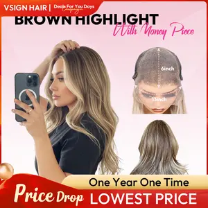 [Shannon] VSIGN Hazelnut with Money Piece Wavy 13*6 HD Lace Front Wig Hand Tied Pre Plucked Hairline Pre Layered Natural Looking Synthetic Heat Resistant Fiber for Daily Party Skunk Strip Style Low Density Gift [Shannon]