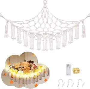 Macrame Hanging Net Hammock for Stuffed Animals with LED Light Eco-Friendly Hand-Woven Cotton Rope Corner Toy Storage for Kids White Organiser Wooden