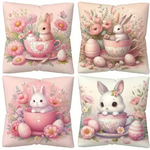 4pcs-Easter Pink Themed Throw Pillow Covers, Pink Cute Rabbit Egg Floral Pattern, Suitable for Home Rooms, Living Room Sofas in Various Places, Suitable for Spring Decoration, Single Sided Printing, No Pillow Core