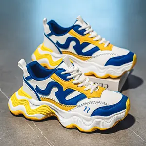 UYCEKK Men's Height-Increasing Lift Shoes with Thick Platform - Upper & Rubber Sole, White/Blue/Yellow Wavy Soles, Low-Top Lace-Up for Instant Calf - for streetwear, Campus Outfits, Casual Wear - Calf-Enhancing Athletic Sneakers