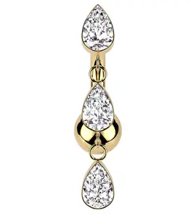 Gold PVD Triple Teardrop Dangle Clear CZ Titanium Threadless Belly Button Ring