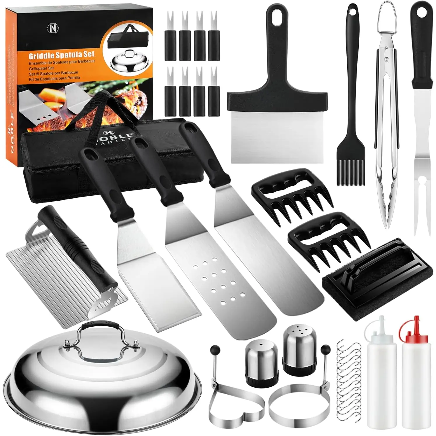 37-Count Flat Top Grill Accessories Set - Professional Griddle Utensils Kit with Spatula, Synthetic Grill Brush, Cleaning Kit, Bastion Cover, Skewer, Meat Fork, Cheese Fork for Outdoor Cooking (Ideal for Christmas, Birthdays), Complete Grill Accessories